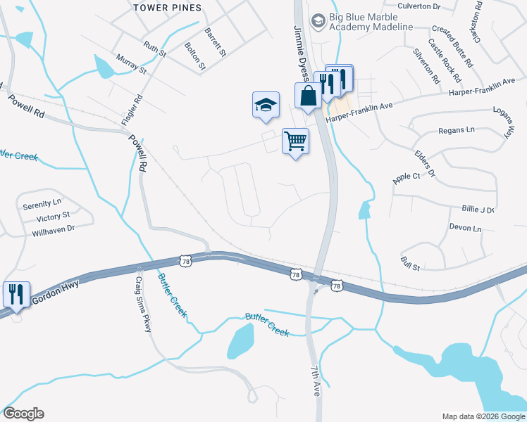 map of restaurants, bars, coffee shops, grocery stores, and more near 2593 Gordon Highway in Augusta