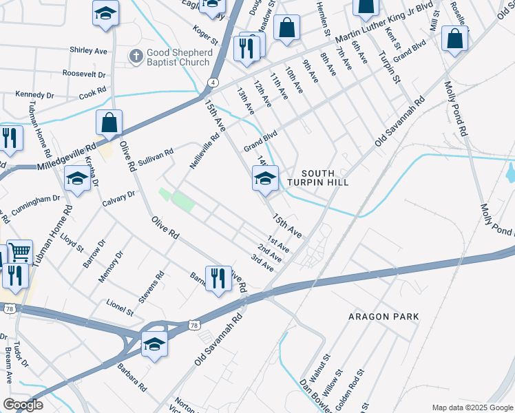 map of restaurants, bars, coffee shops, grocery stores, and more near 800 15th Avenue in Augusta