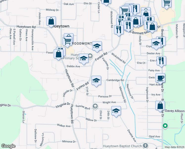 map of restaurants, bars, coffee shops, grocery stores, and more near 128 Forest Road in Bessemer