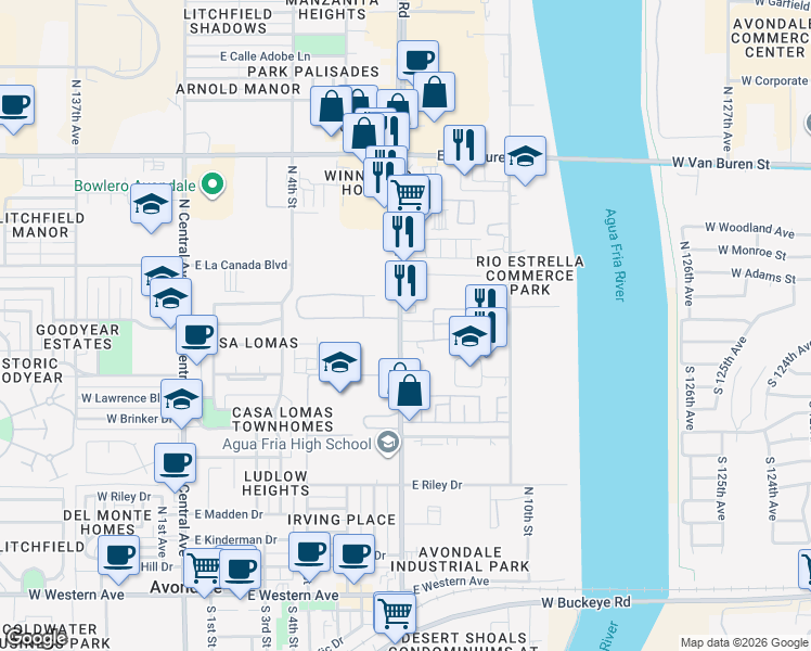 map of restaurants, bars, coffee shops, grocery stores, and more near 1015 N Dysart Rd in Avondale