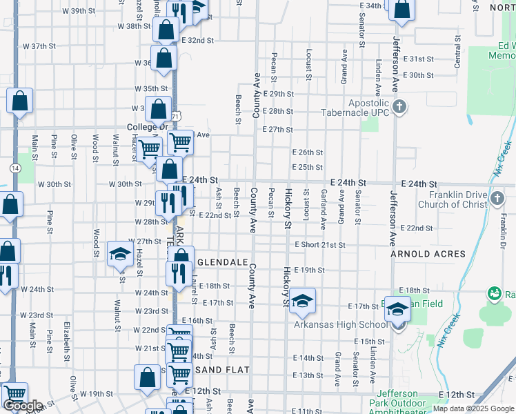 map of restaurants, bars, coffee shops, grocery stores, and more near 523 East 23rd Street in Texarkana