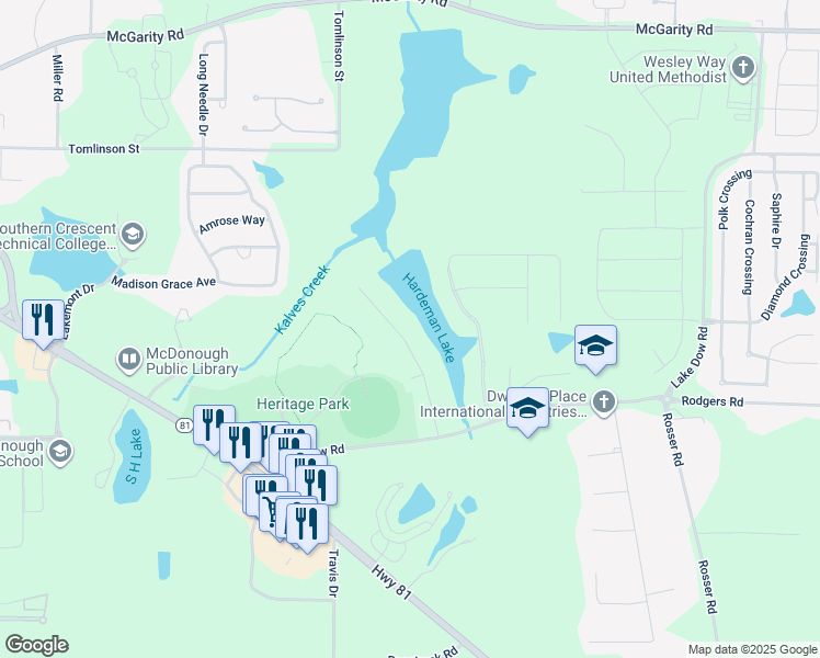 map of restaurants, bars, coffee shops, grocery stores, and more near 124 Highland Park Drive in McDonough
