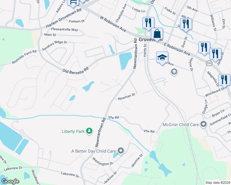 map of restaurants, bars, coffee shops, grocery stores, and more near 316 Newmantown Road in Grovetown