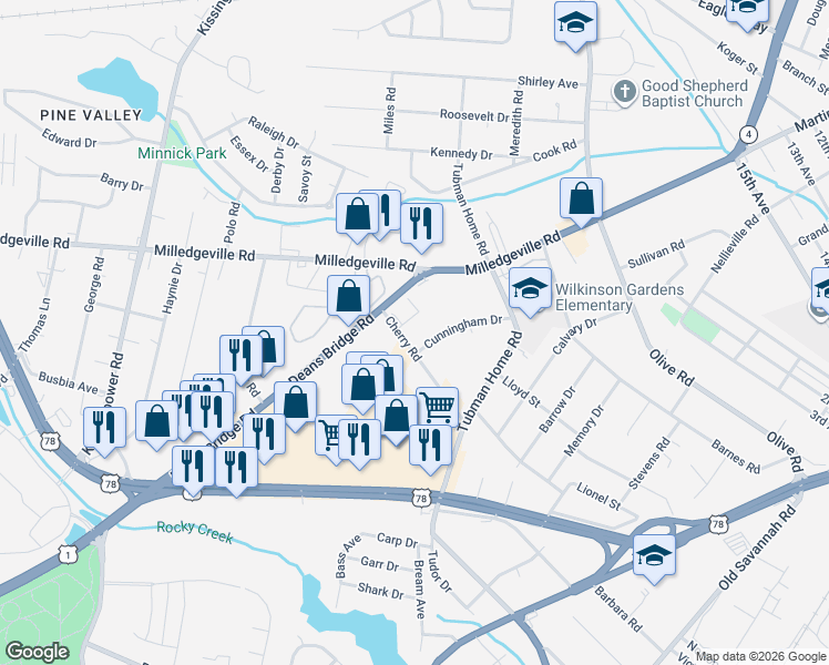 map of restaurants, bars, coffee shops, grocery stores, and more near 1930 Cherry Road in Augusta