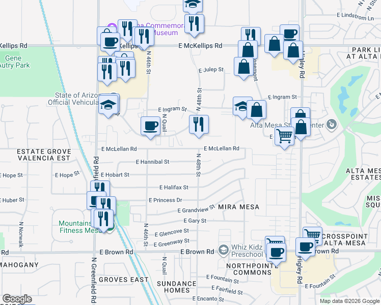 map of restaurants, bars, coffee shops, grocery stores, and more near 4726 East Hannibal Street in Mesa
