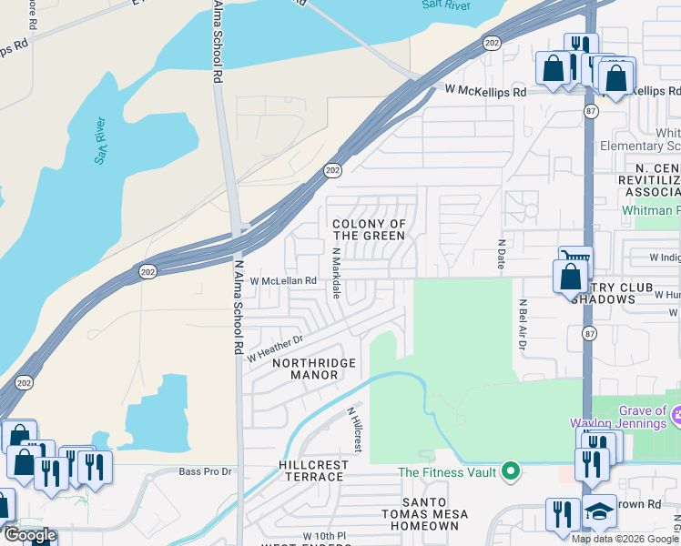 map of restaurants, bars, coffee shops, grocery stores, and more near 1556 North Markdale in Mesa