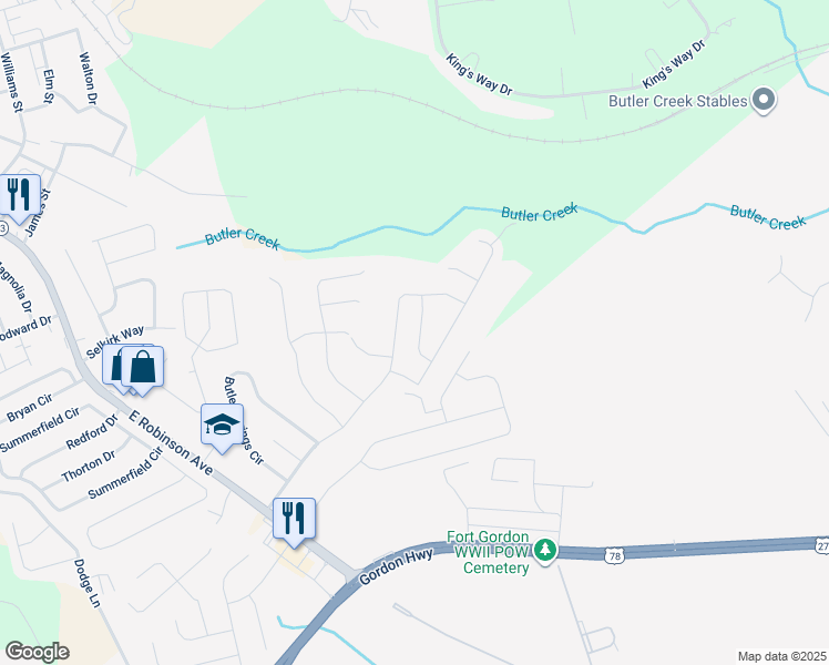 map of restaurants, bars, coffee shops, grocery stores, and more near 3043 Pepperhill Drive in Grovetown