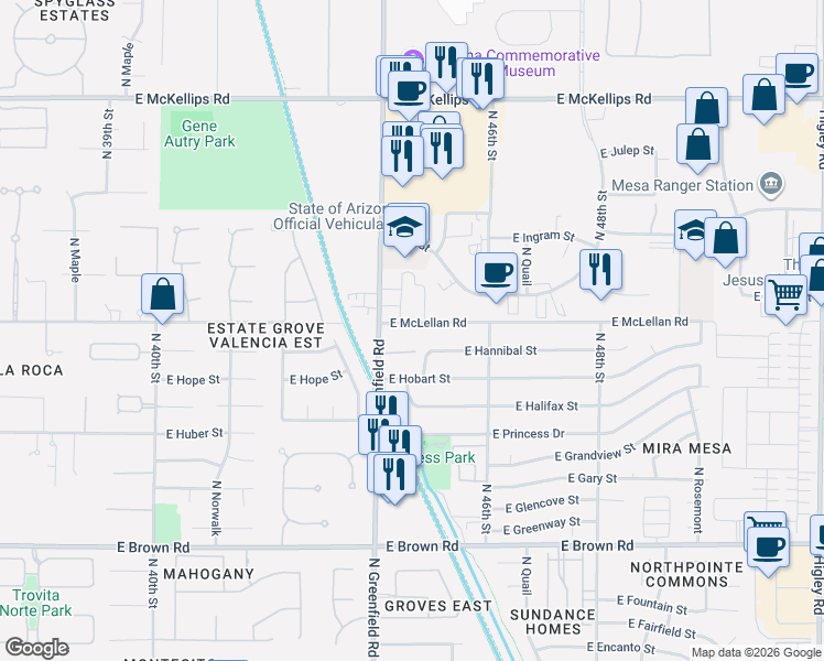 map of restaurants, bars, coffee shops, grocery stores, and more near 4423 East McLellan Road in Mesa