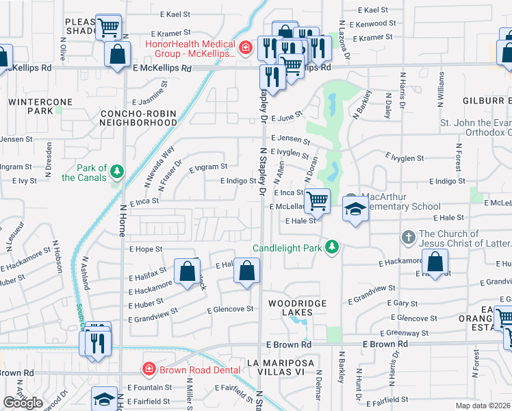map of restaurants, bars, coffee shops, grocery stores, and more near 1550 North Stapley Drive in Mesa