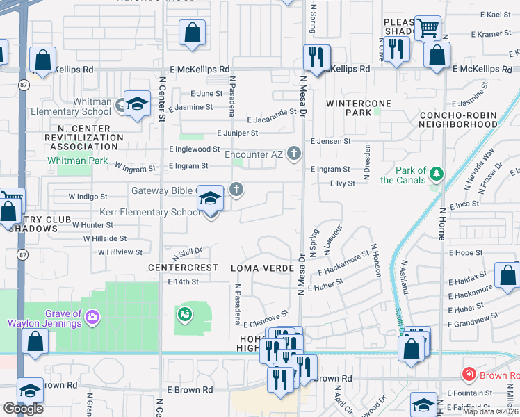map of restaurants, bars, coffee shops, grocery stores, and more near 258 East Hillside Street in Mesa