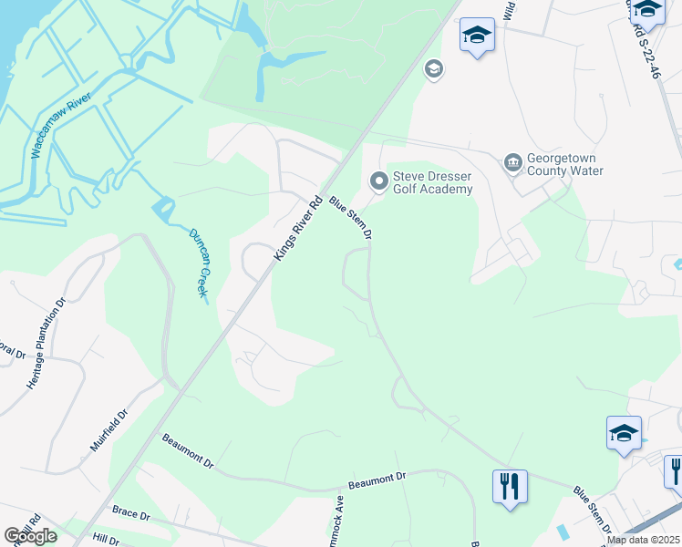 map of restaurants, bars, coffee shops, grocery stores, and more near 1057 Blue Stem Drive in Pawleys Island