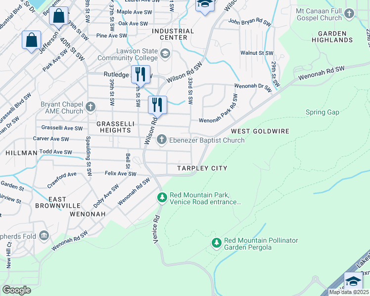 map of restaurants, bars, coffee shops, grocery stores, and more near 3311 Todd Avenue Southwest in Birmingham
