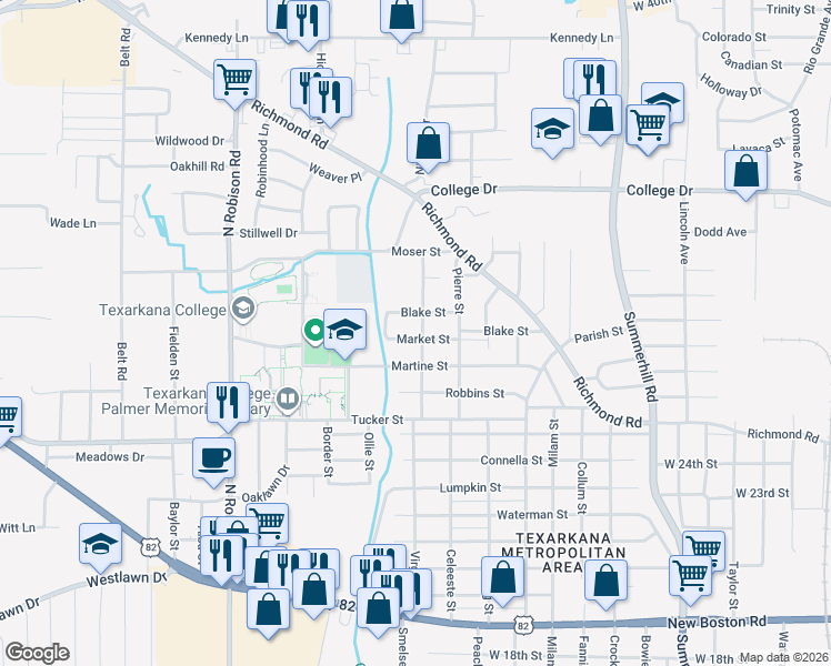 map of restaurants, bars, coffee shops, grocery stores, and more near 619 Market Street in Texarkana