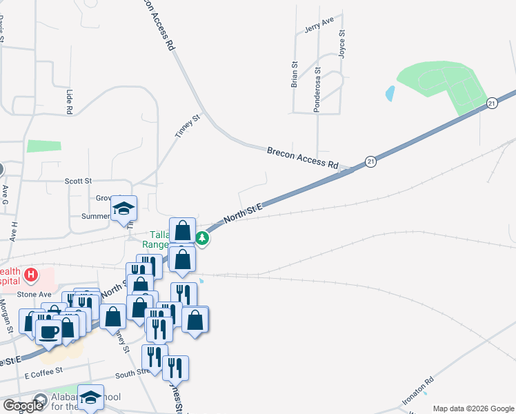 map of restaurants, bars, coffee shops, grocery stores, and more near 1106 North Street East in Talladega