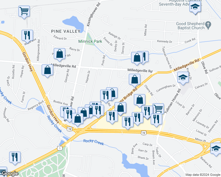 map of restaurants, bars, coffee shops, grocery stores, and more near 1922 Murphy Road in Augusta