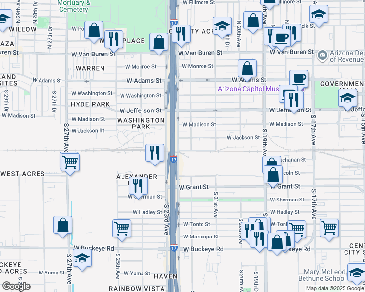 map of restaurants, bars, coffee shops, grocery stores, and more near 351 South Black Canyon Highway in Phoenix