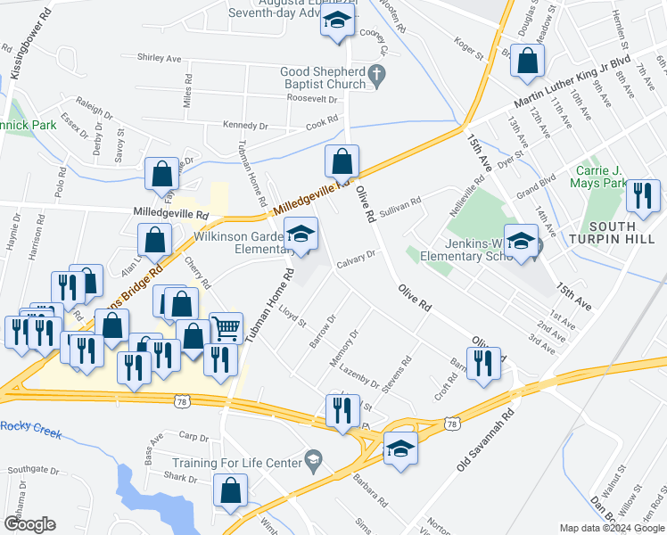 map of restaurants, bars, coffee shops, grocery stores, and more near 1925 Kratha Drive in Augusta
