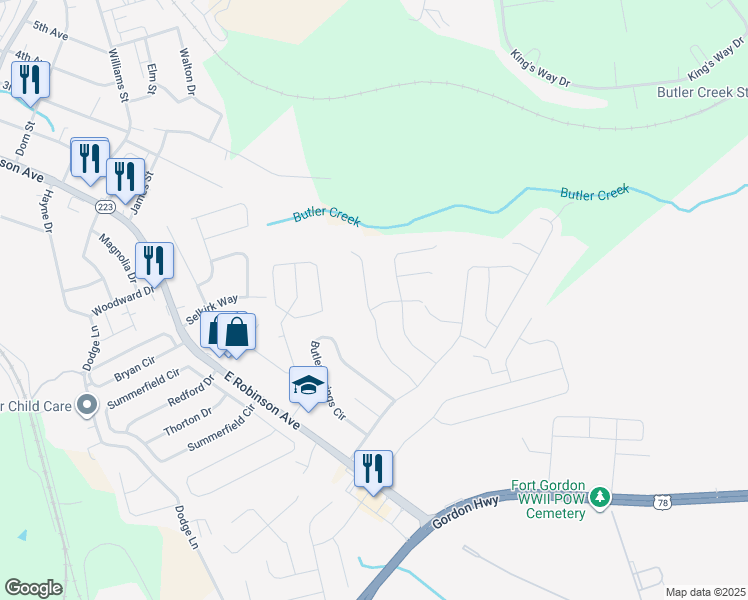 map of restaurants, bars, coffee shops, grocery stores, and more near 726 Porter Lane in Grovetown