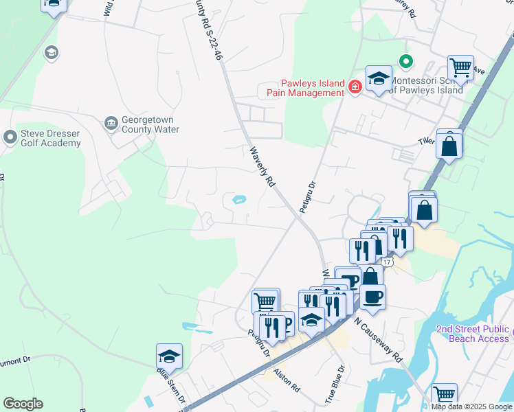 map of restaurants, bars, coffee shops, grocery stores, and more near 421 Waverly Road in Pawleys Island