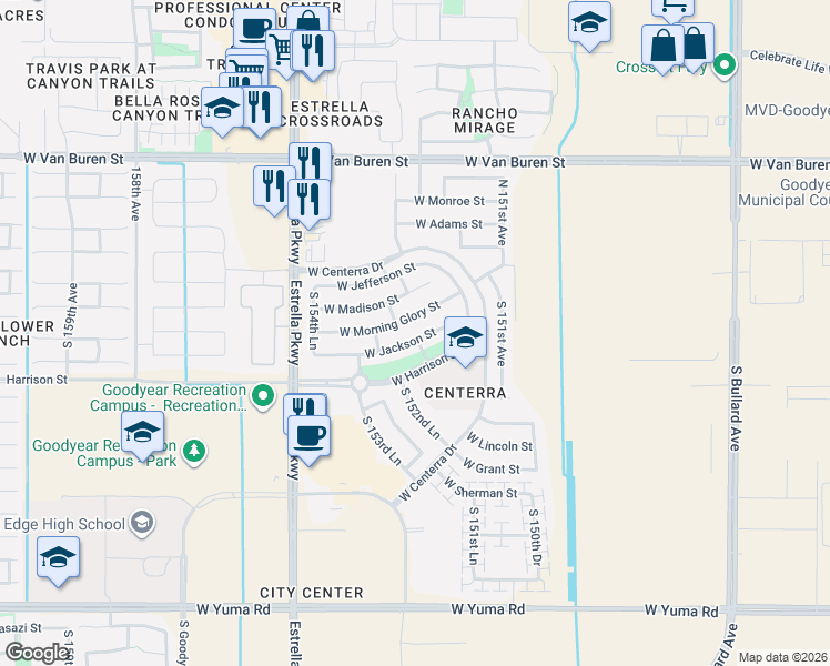 map of restaurants, bars, coffee shops, grocery stores, and more near 15269 West Jackson Street in Goodyear