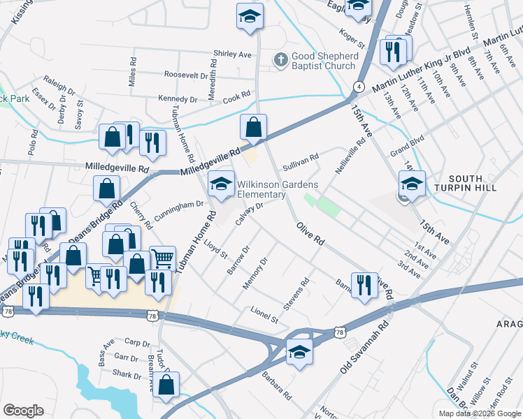 map of restaurants, bars, coffee shops, grocery stores, and more near 1936 Kratha Drive in Augusta