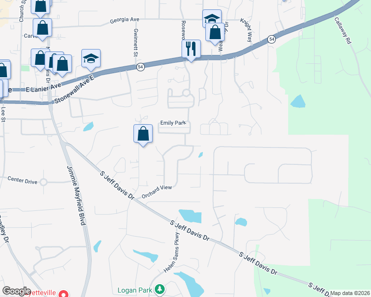 map of restaurants, bars, coffee shops, grocery stores, and more near 250 Orchard View in Fayetteville