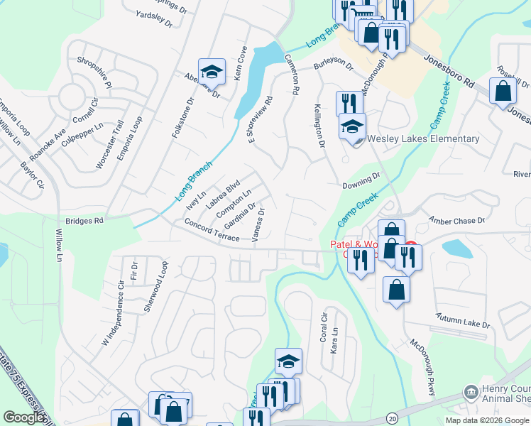 map of restaurants, bars, coffee shops, grocery stores, and more near 275 Vaness Drive in McDonough