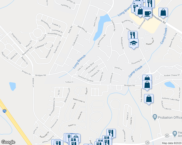 map of restaurants, bars, coffee shops, grocery stores, and more near 730 Compton Lane in McDonough