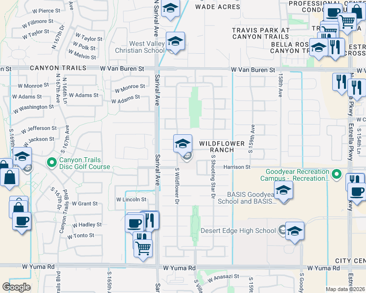 map of restaurants, bars, coffee shops, grocery stores, and more near 16176 West Morning Glory Street in Goodyear
