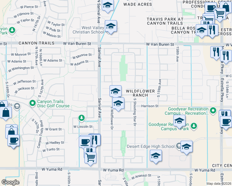 map of restaurants, bars, coffee shops, grocery stores, and more near 16180 West Morning Glory Street in Goodyear