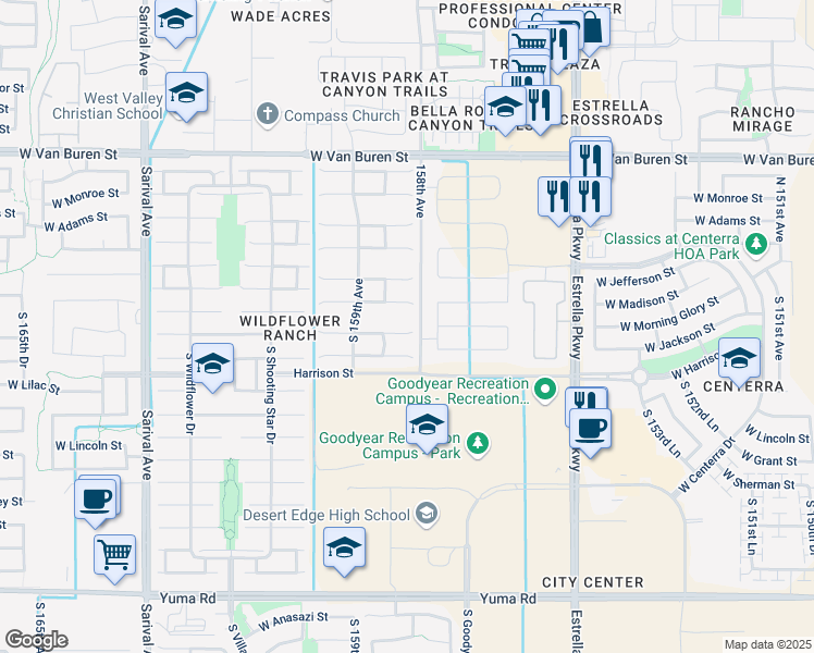 map of restaurants, bars, coffee shops, grocery stores, and more near 15820 West Morning Glory Street in Goodyear