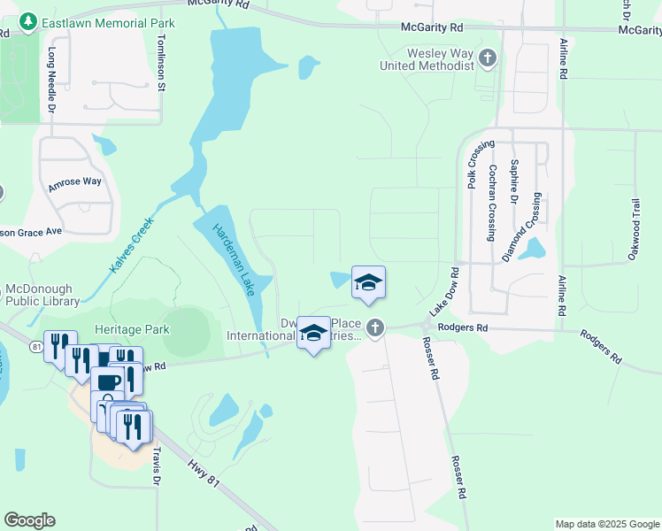 map of restaurants, bars, coffee shops, grocery stores, and more near 292 Aylesbury Boulevard in McDonough
