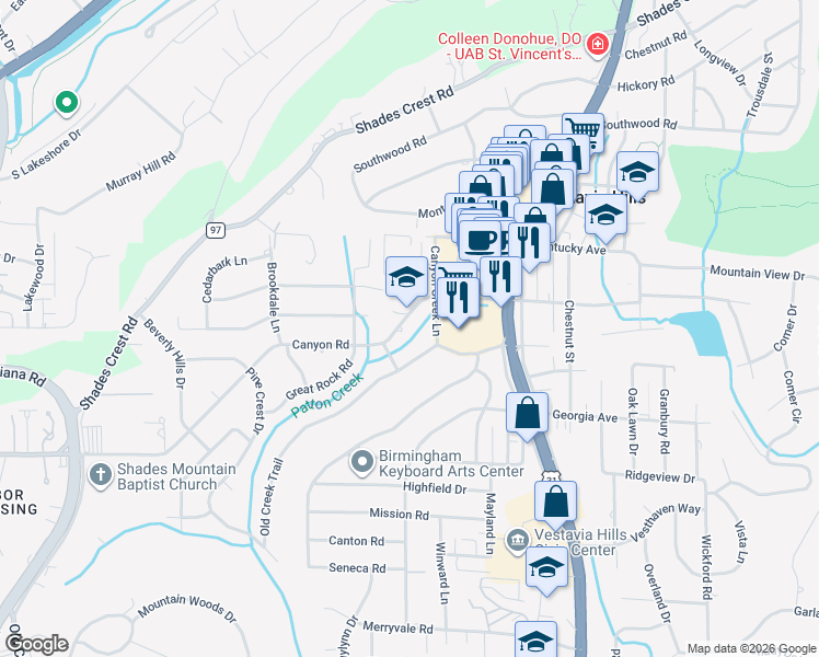 map of restaurants, bars, coffee shops, grocery stores, and more near 1912 Old Creek Trail in Vestavia Hills