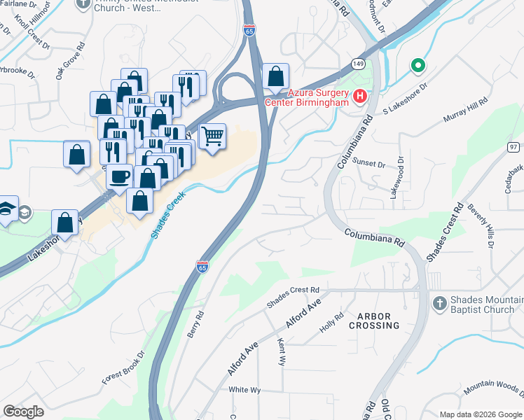 map of restaurants, bars, coffee shops, grocery stores, and more near 1564 Berry Road in Birmingham