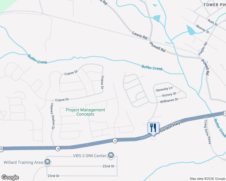 map of restaurants, bars, coffee shops, grocery stores, and more near 1115 Sims Drive in Augusta