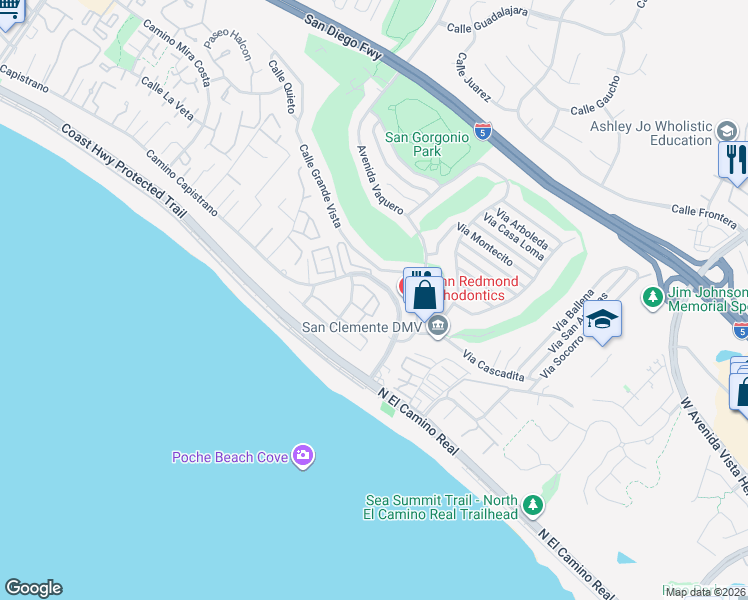 map of restaurants, bars, coffee shops, grocery stores, and more near 133 Monte Vista in San Clemente