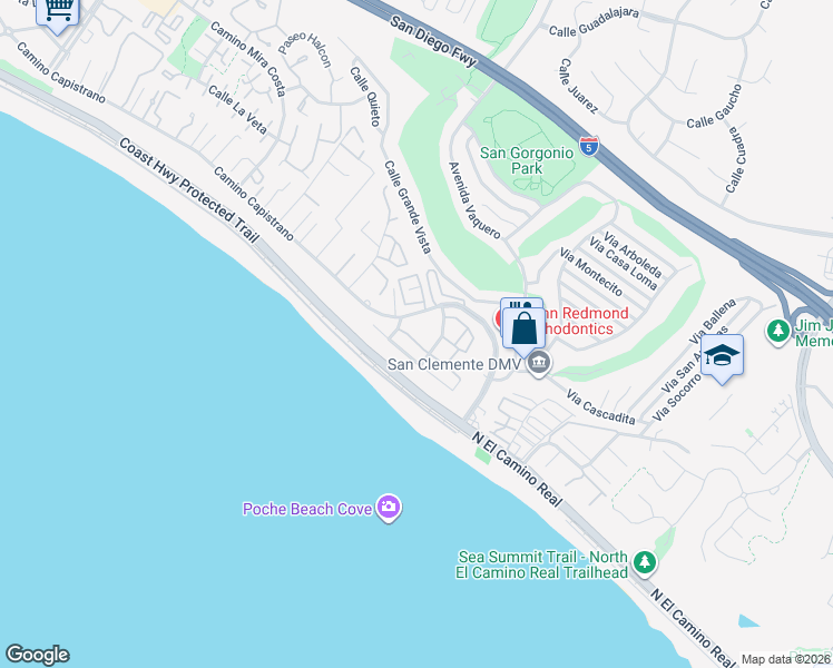 map of restaurants, bars, coffee shops, grocery stores, and more near 111 Via Breve in San Clemente