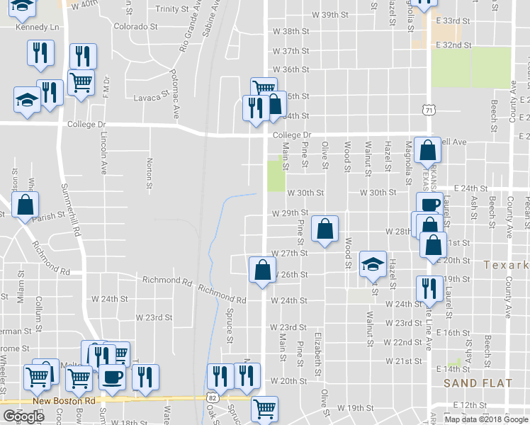 map of restaurants, bars, coffee shops, grocery stores, and more near 2916 Texas Boulevard in Texarkana