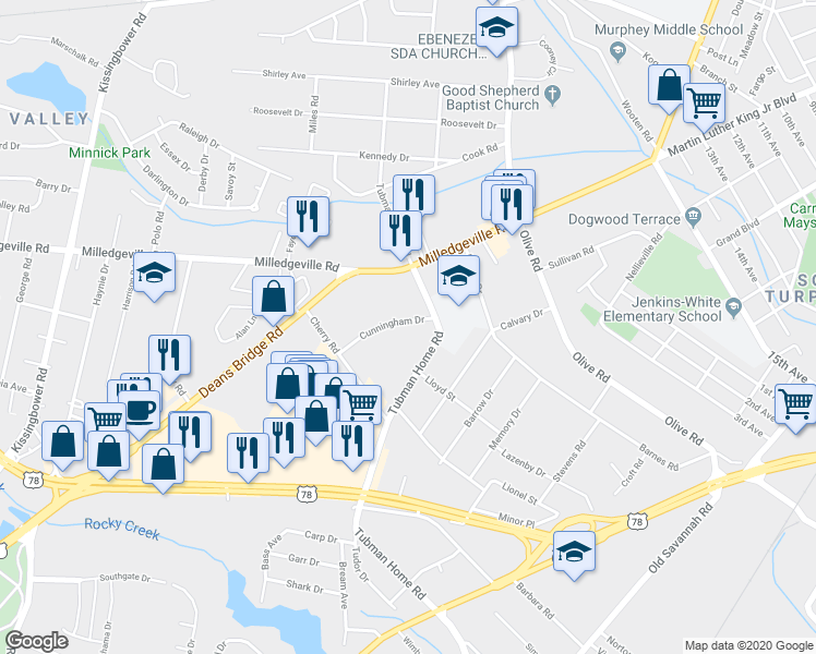 map of restaurants, bars, coffee shops, grocery stores, and more near 2408 Cunningham Drive in Augusta