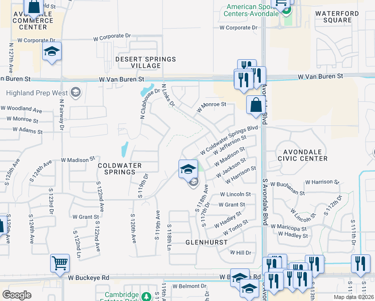 map of restaurants, bars, coffee shops, grocery stores, and more near 101 South 118th Lane in Avondale