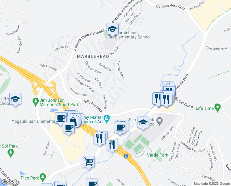 map of restaurants, bars, coffee shops, grocery stores, and more near 2007 Via Mango in San Clemente
