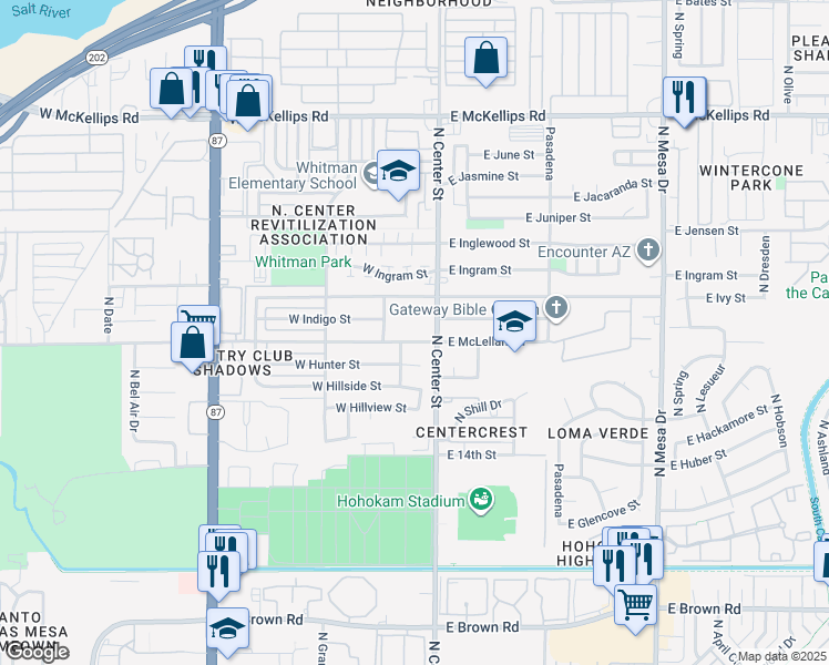 map of restaurants, bars, coffee shops, grocery stores, and more near 39 West McLellan Road in Mesa