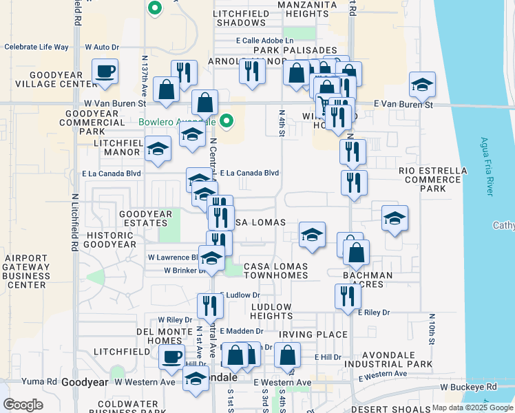 map of restaurants, bars, coffee shops, grocery stores, and more near 211 East Madison Street in Avondale