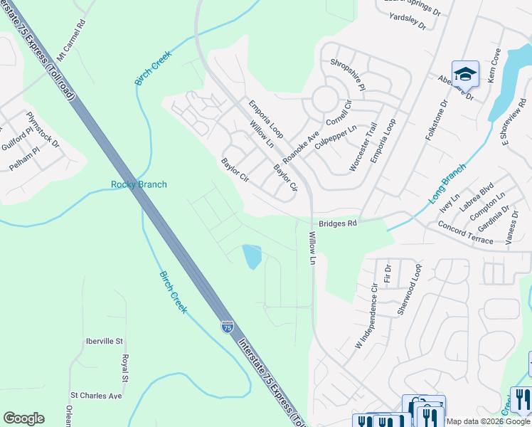 map of restaurants, bars, coffee shops, grocery stores, and more near 741 Bridges Road in McDonough
