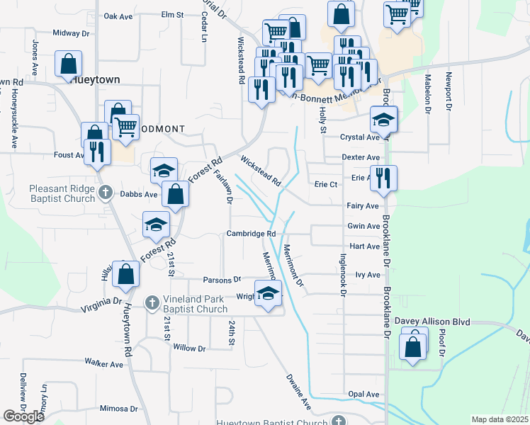 map of restaurants, bars, coffee shops, grocery stores, and more near 619 Fairlawn Circle in Hueytown