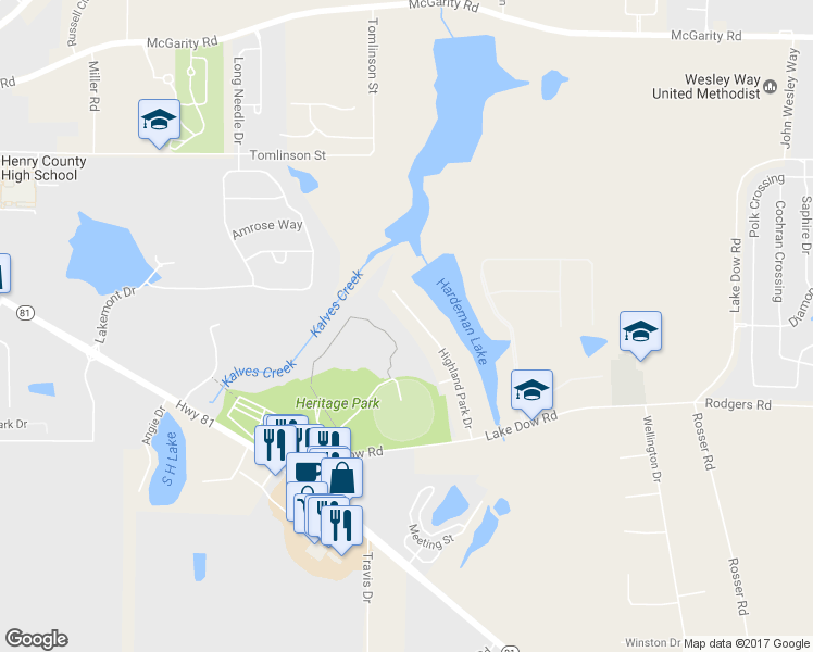 map of restaurants, bars, coffee shops, grocery stores, and more near 137 Highland Park Drive in McDonough