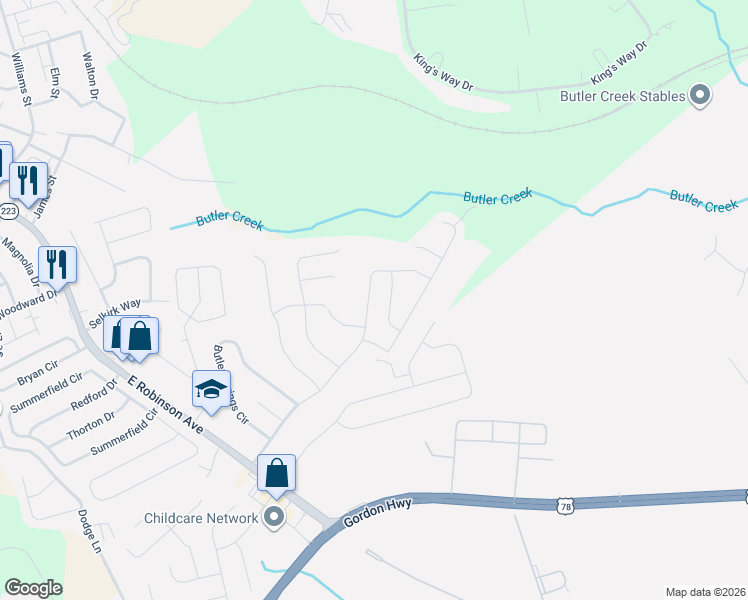 map of restaurants, bars, coffee shops, grocery stores, and more near 3043 Pepperhill Drive in Grovetown