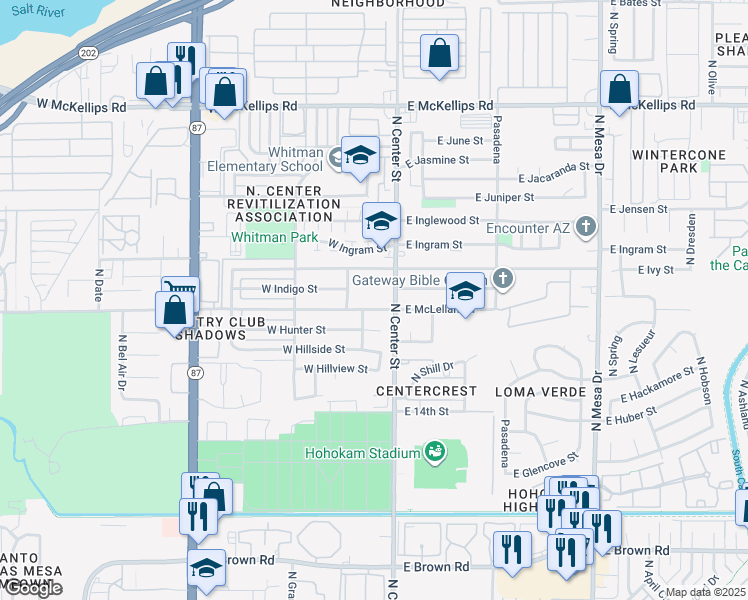 map of restaurants, bars, coffee shops, grocery stores, and more near 39 West McLellan Road in Mesa