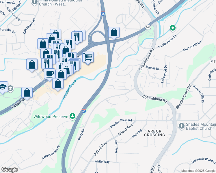 map of restaurants, bars, coffee shops, grocery stores, and more near 1564 Berry Road in Birmingham