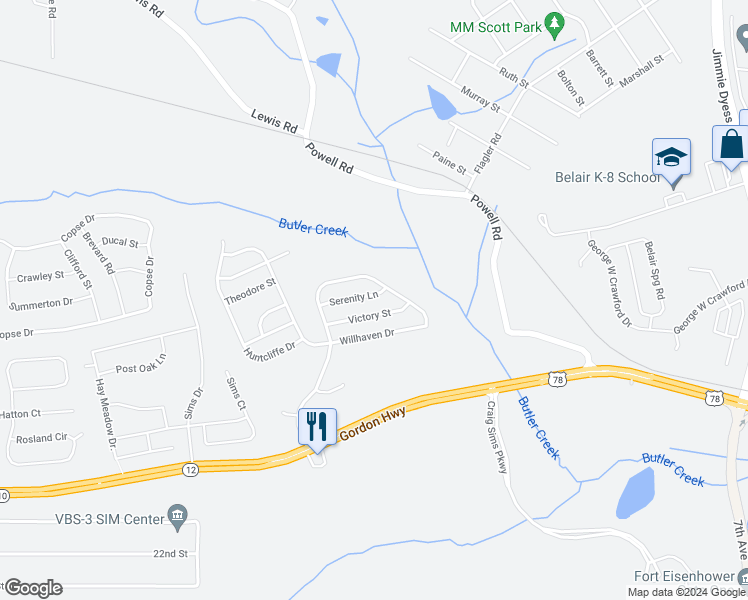 map of restaurants, bars, coffee shops, grocery stores, and more near 2624 Serenity Lane in Augusta